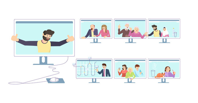 Set of people have a Conference video call, virtual meeting by desktop computer