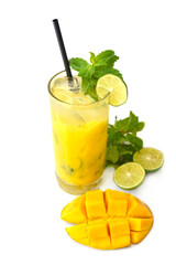 Mango mojito in highball glass with sliced mango isolated on white background 