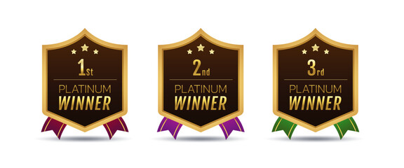 1st 2nd 3rd platinum winner award honor shield shape. Premium luxury golden gradient vector.