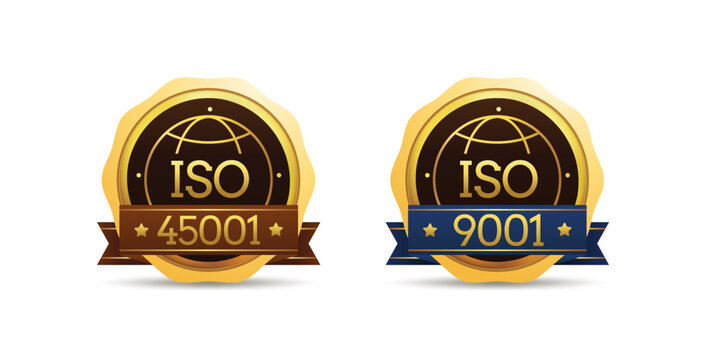 Golden Gradient ISO Standard Guarantee Seal Label Badge Design With Ribbon, Globe International Earth Icon..