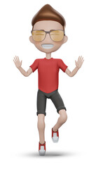 3d render Cartoon boy character in  red shirt and black pant ,  character of an asian guy jumping and dancing holding his hands up.
