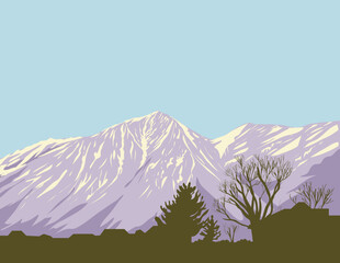 WPA poster art of Monument Peak and East Peak in South Lake Tahoe as viewed from Gardnerville in Douglas County, Nevada, United States USA done in works project administration style. - 523984956