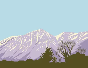 Fototapeten WPA poster art of Monument Peak and East Peak in South Lake Tahoe as viewed from Gardnerville in Douglas County, Nevada, United States USA done in works project administration style. © patrimonio designs