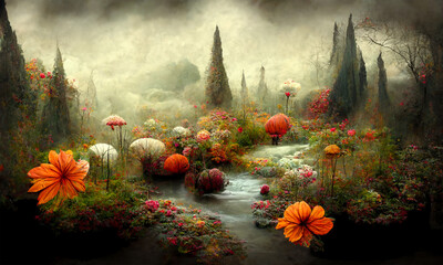 dromerig surrealistisch fantasielandschap in herfstkleuren, digitale illustratie