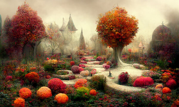 Dreamy Surreal Fantasy Fairytale World In Autumn Colours, Digital Illustration