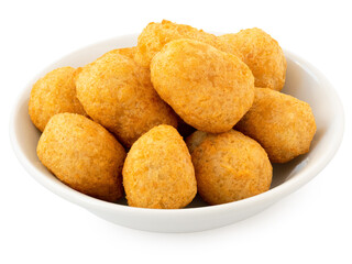 Fried breaded chilli cheese nuggets in a white ceramic bowl isolated on white.