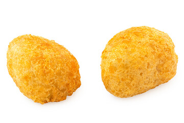 Two fried breaded chilli cheese nuggets isolated on white.