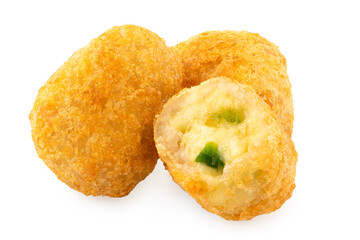 Three fried breaded chilli cheese nuggets isolated on white. One eaten. - 523986709