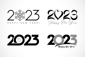 Big Set of 2023 text design with heart, snow, simple symbols. Christmas banner, digits on white background. Graphic vector design template for calendar, postcard or poster - obrazy, fototapety, plakaty