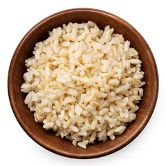 Brown cooked rice in a brown wood bowl isolated on white from above.