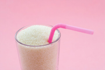 Glass cup full of sugar crystals on pink background