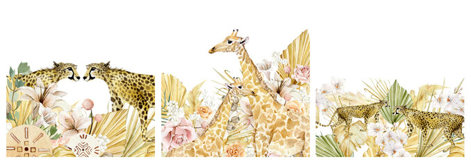 Beautiful animal composition border with hand drawn watercolor cute cheetah in tropical boho dried floral and flower, leaves,  branches. Safari kids design, wedding invitation. Stock illustration © Anna
