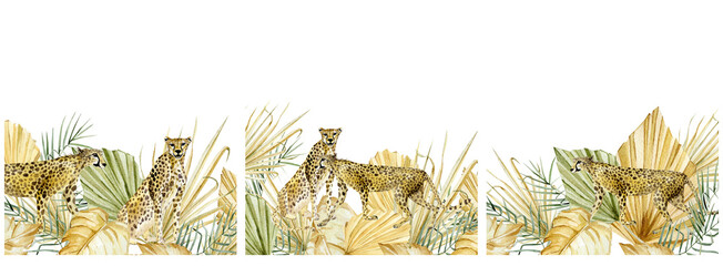 Beautiful animal composition banner with hand drawn watercolor cute cheetah in tropical boho dried floral leaves,  branches. Safari kids design, wedding invitation. Stock illustration © Anna