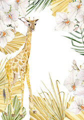 Beautiful animal weddign card with hand drawn watercolor cute giraffe in tropical boho dried floral and flower, leaves,  branches. Safari kids design, wedding invitation. Stock illustration