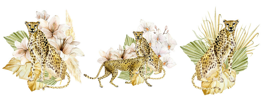Beautiful animal composition border with hand drawn watercolor cute cheetah in tropical boho dried floral and flower, leaves,  branches. Safari kids design, wedding invitation. Stock illustration