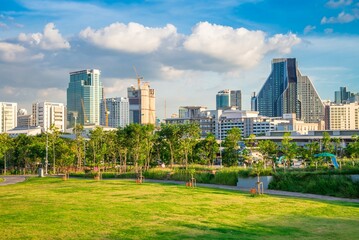 Beautiful green city park in Bangkok, Thailand in sunny day blue sky summer season background. Nature and environmental in city concept.
