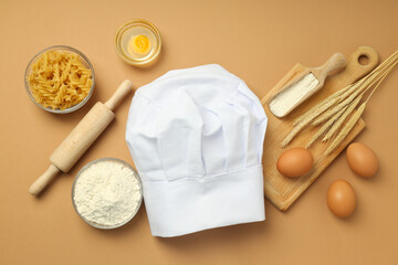 Composition with chef hat for concept of cooking, top view