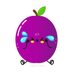 Cute sad plum character. Vector hand drawn cartoon kawaii character illustration icon. Isolated on white background. Sad plum character concept