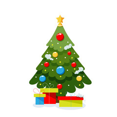 Christmas tree with decoration and gifts on white isolated background. Vector illustration in flat style