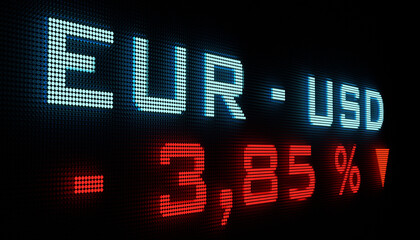 Euro drops against the US Dollar, weak exchange rate. EUR -USD currency symbol and negative change in the exchange rate on LED screen.  Currency trading, business and banking concept. 3D illustration