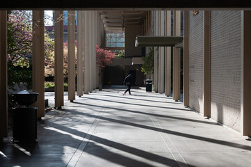 A skater completing a trick in a gallery at the Seattle Center, Seattle, USA