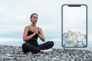 sport fit outdoor sea.girl goes sports,fitness,yoga seashore.Meditation, relaxation, mental...