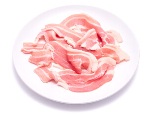 Bacon strips on ceramic plate isolated on white background