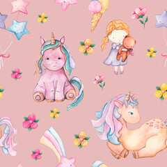 Unicorn, rainbow and magic pastel colors seamless pattern. Set of beauty cartoon unicorn with magical elements. Repetitive wallpaper. Perfect for fabric, wallpaper, wrapping paper or nursery decor