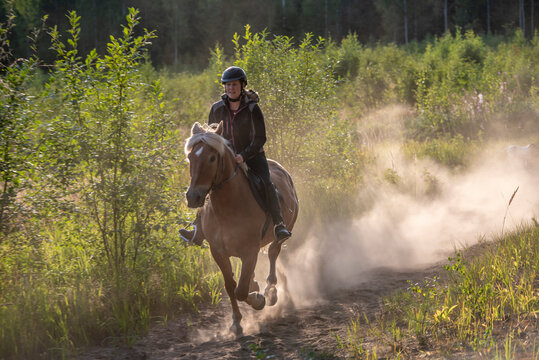 Woman horseback riding in forest parth