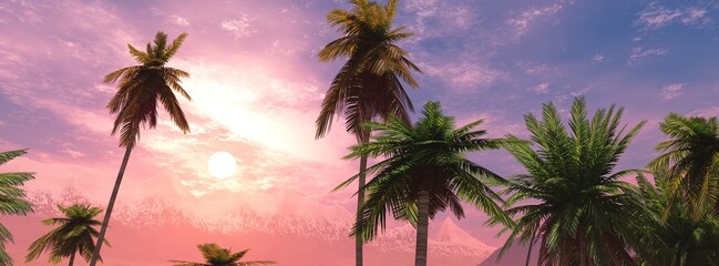 Fototapeta na wymiar Beautiful palm trees against the sunset sky, 3d rendering