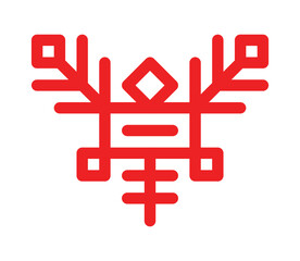 Vector ornamental concept has red simple symbol of flying insect. Outline icon of mosquito is traditional decorative element of Karelia and Finland peoples. National sign of coniferous tree branch