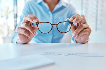 Glasses, eye care and eyewear or optometry eyeglasses for woman with disorders and myopia. Closeup hands of customer buying, purchasing and testing stylish prescription spectacles in clinic and shop