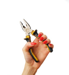 Female hand with red manicure and pliers on a white background.