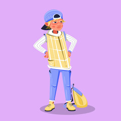 Cartoon boy in a cap and with a schoolbag. Schoolboy.