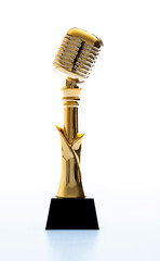 Golden microphone trophy on white background