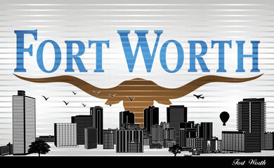 The Fort Worth city skyline with flag background - illustration, 
Shiny Grunge flag of the Fort Worth