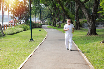Fototapeta premium Happy and smiling asian senior man doing exercise and jogging or walking with relaxation for healthy in park outdoor after retirement during summer time. Health care elderly outdoor lifestyle concept.