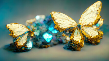 Butterflies created from diamonds and precious stones. Beautiful background. Hi tech. AI.