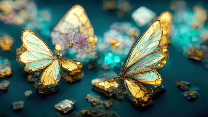Butterflies created from diamonds and precious stones. Beautiful background. Hi tech. AI.