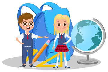Children, briefcase and globe.Children are getting ready to go to school and are standing near a large briefcase .Vector illustration.