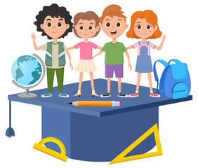 Happy funny boys and girls are going to school .Flat vector illustration