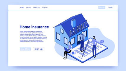 Home insurance.People insure property when buying and selling.An illustration in the style of the landing page is blue.