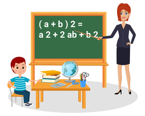 The child is learning.The teacher teaches the lesson to the student.Vector illustration.