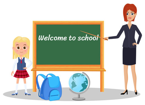 Welcome to the school.The teacher meets the students for lessons.Vector illustration.