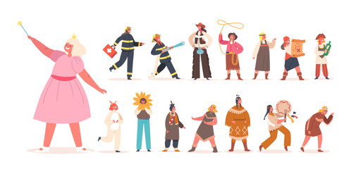 Fototapeta premium Set of Little Girls Characters Fun and Games Isolated on White Background. Children Playing in Firefighters, Indians