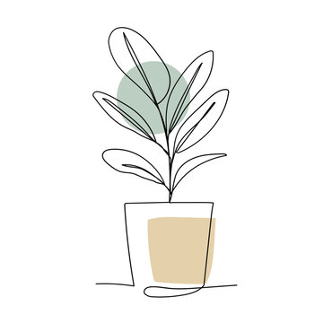 Plant In Pot Line Art. Contour Drawing. Minimalism Art.