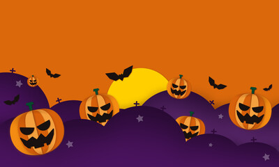 Fototapeta premium halloween background vector design 2022 for party invitation, greeting card, web, banner with bat, moon, horror pumpkin, purple cemetery on orange background