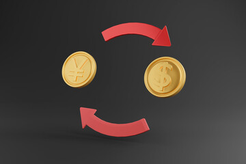 Financial dollar Yen Exchange gold coin red arrow on black background. Realistic 3D ilusstration icon for stock market Crypto or Forex foreign exchange