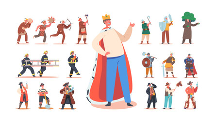 Fototapeta premium Set Boys in Costumes of King, Firefighter, Viking, Knight, Tree, Cowboy or Sheriff. Little Characters School Spectacle