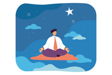 Calm businessman meditating in night sky. Office person sitting on yoga mat in lotus position flat vector illustration. Meditation, relaxation, concentration concept for banner or landing web page